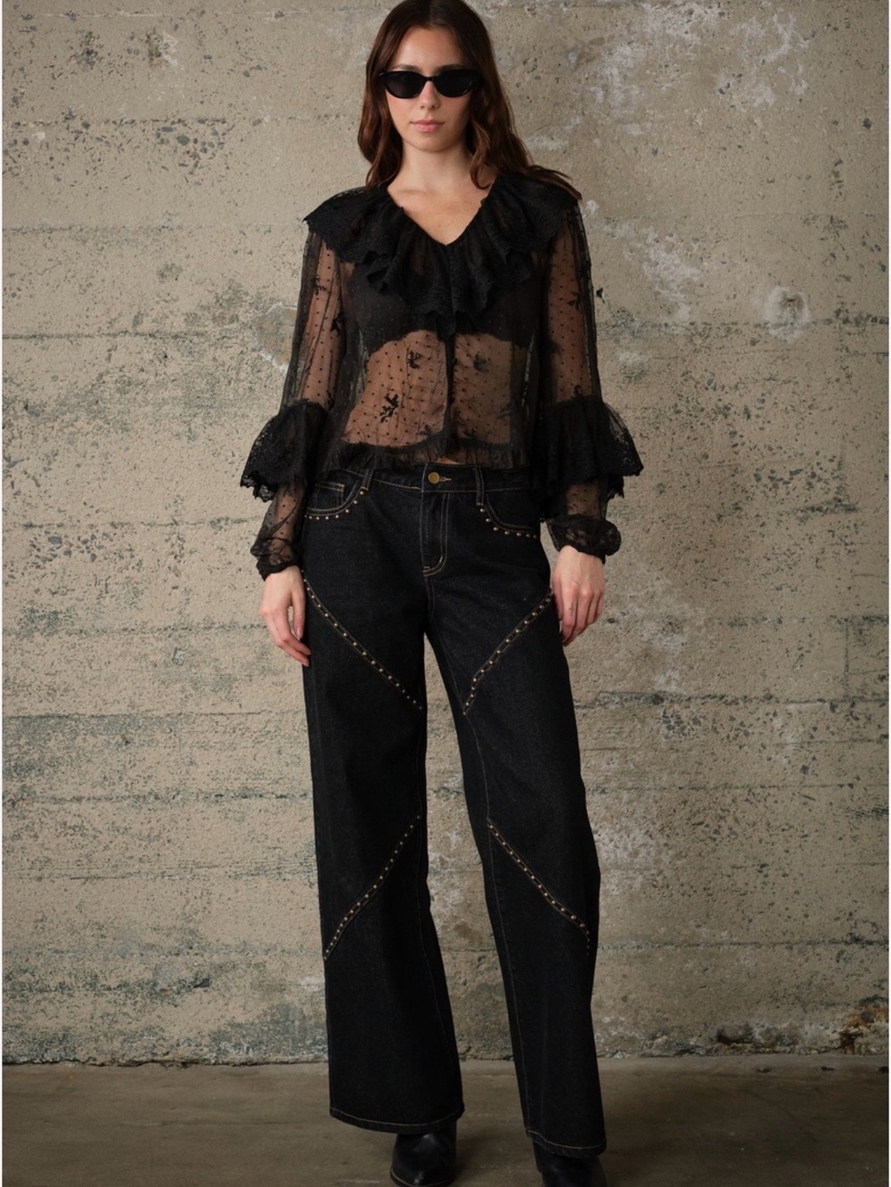 Western Women's Black Wide-Leg Jeans with Stud Detail - Picture 9 of 11